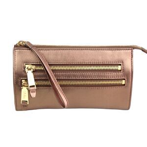 COLE HAAN BRONZE GENUINE LEATHER ZIP CARD WALLET MESSENGER WRISTLET PURSE